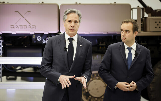 US Secretary of State Antony Blinken, center, and French Defense Minister, Sebastien Lecornu, right, visit French arms manufacturer NEXTER that provides Caesar artillery to Ukraine in Versailles, outside Paris, Tuesday, April 2, 2024. (AP/Thomas Padilla) US Secretary of State Antony Blinken, center, and French Defense Minister, Sebastien Lecornu, right, visit French arms manufacturer NEXTER that provides Caesar artillery to Ukraine in Versailles, outside Paris, Tuesday, April 2, 2024. (AP/Thomas Padilla)