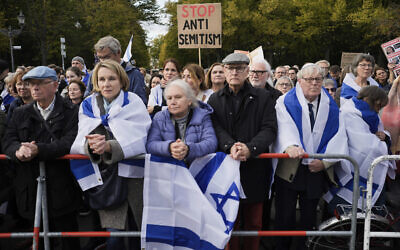 People listen to speeches during a demonstration against antisemitism and to show solidarity with Israel in Berlin, Germany, on October 22, 2023. (Markus Schreiber/AP)