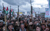 Houthi supporters protest in support of Palestinians in the Gaza Strip, in Sanaa, Yemen, April 5, 2024. (AP Photo/ Osamah Abdulrahman)