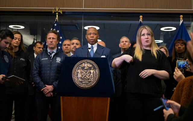 Mayor Eric Adams speaks alongside commissioner Zachary Isco during a news conference at  the New York City Emergency Management Department on Friday April 5, 2024 in New York. (AP Photo/Brittainy Newman)