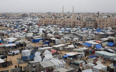 A tent camp housing Palestinians displaced by the Israeli offensive is seen in Rafah, Gaza Strip, February 27, 2024. (Hatem Ali/ AP)