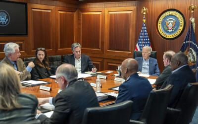 US President Joe Biden, along with members of his national security team, receive an update on an ongoing airborne attack on Israel from Iran, as they meet in the Situation Room of the White House in Washington, April 13, 2024. (Adam Schultz/The White House via AP) US President Joe Biden, along with members of his national security team, receive an update on an ongoing airborne attack on Israel from Iran, as they meet in the Situation Room of the White House in Washington, April 13, 2024. (Adam Schultz/The White House via AP)