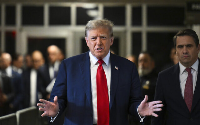 File - Former US president and presumptive Republican nominee Donald Trump arrives at court for the start of jury selection in his historic hush money trial in New York, on April 15, 2024. (Angela Weiss/ Pool via AP) File - Former US president and presumptive Republican nominee Donald Trump arrives at court for the start of jury selection in his historic hush money trial in New York, on April 15, 2024. (Angela Weiss/ Pool via AP)