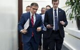 House Speaker Mike Johnson, R-La., left, arrives for a closed-door meeting with fellow Republicans at the Capitol in Washington, Monday, April 15, 2024. (AP/J. Scott Applewhite)