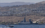 A Saar-6 corvette, the latest-generation warship which Israel is using for its naval defense system amid maritime threats from Yemen's Houthi rebels, is seen in waters in Eilat, southern Israel, April 16, 2024. (AP/Ohad Zwigenberg)