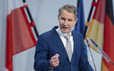 Far-right politician Bjoern Hoecke, Thuringia's AfD parliamentary group leader, speaks at the special plenary session of the Thuringia state parliament in Erfurt, Germany, January 20, 2021. (Michael Reichel/dpa via AP, File)
