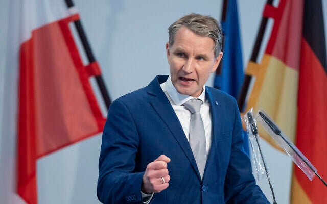 Far-right politician Bjoern Hoecke, Thuringia's AfD parliamentary group leader, speaks at the special plenary session of the Thuringia state parliament in Erfurt, Germany, January 20, 2021. (Michael Reichel/dpa via AP, File) Far-right politician Bjoern Hoecke, Thuringia's AfD parliamentary group leader, speaks at the special plenary session of the Thuringia state parliament in Erfurt, Germany, January 20, 2021. (Michael Reichel/dpa via AP, File)