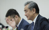 Chinese Foreign Minister Wang Yi during his bilateral meeting with Indonesian Foreign Minister Retno Marsudi in Jakarta, Indonesia, Thursday, April 18, 2024. (Yasuyoshi Chiba/Pool Photo via AP)