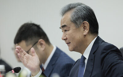 Chinese Foreign Minister Wang Yi during his bilateral meeting with Indonesian Foreign Minister Retno Marsudi in Jakarta, Indonesia, Thursday, April 18, 2024. (Yasuyoshi Chiba/Pool Photo via AP)