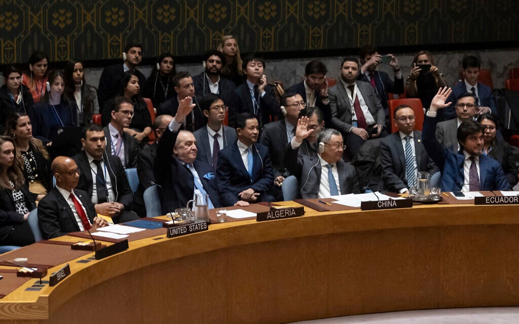 Representatives of member countries vote on a resolution that would have recognized the Palestinians as a full UN member state, during a Security Council meeting at UN headquarters, April 18, 2024. (AP Photo/Yuki Iwamura)