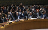 Representatives of member countries vote on a resolution that would have recognized the Palestinians as a full UN member state, during a Security Council meeting at UN headquarters, April 18, 2024. (AP Photo/Yuki Iwamura)