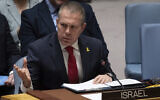 Israeli Ambassador to the United Nations Gilad Erdan speaks during a Security Council meeting on a resolution that would have recognized the Palestinians as a full UN member state, at United Nations headquarters, April 18, 2024. (AP Photo/ Yuki Iwamura)