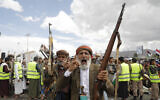 Illustrative: Houthi supporters attend a rally against the United States and Israel and in support of Palestinians in the Gaza Strip, in Sanaa, Yemen, April 19, 2024. (AP Photo/Osamah Abdulrahman)