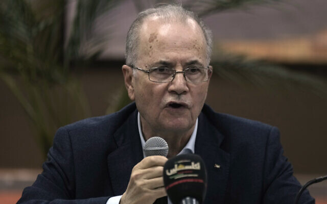 Palestinian Authority Prime Minister Mohammad Mustafa speaking to journalists in the West Bank town of Tulkarem on April 22, 2024. (AP/Majdi Mohammed) Palestinian Authority Prime Minister Mohammad Mustafa speaking to journalists in the West Bank town of Tulkarem on April 22, 2024. (AP/Majdi Mohammed)