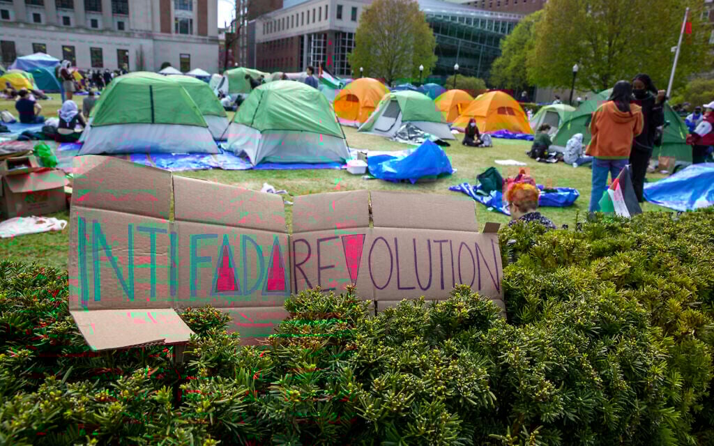 Students and other pro-Palestinian protesters are in an anti-Israel tent camp on the campus of Columbia University in New York City on April 24, 2024. (AP Photo/Ted Shaffrey)