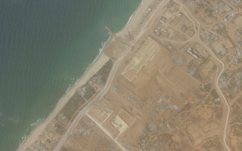 This satellite picture taken by Planet Labs PBC show the construction of a new aid port near Gaza City, Gaza Strip, on April 18, 2024. (Planet Labs PBC via AP)