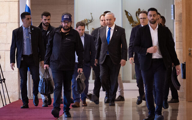 File - Prime Minister Benjamin Netanyahu arrives for a Likud meeting at the Knesset, Jerusalem on February 5, 2024. (Yonatan Sindel/Flash90) File - Prime Minister Benjamin Netanyahu arrives for a Likud meeting at the Knesset, Jerusalem on February 5, 2024. (Yonatan Sindel/Flash90)