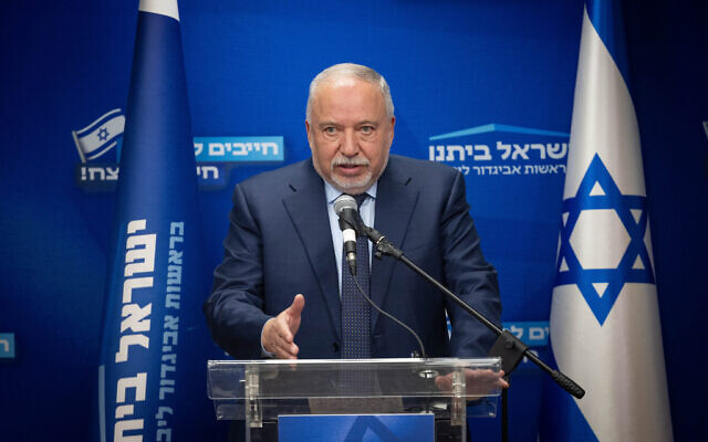 File - Yisrael Beytenu party chairman MK Avigdor Liberman leads a faction meeting at the Knesset, in Jerusalem, on April 1, 2024. (Yonatan Sindel/Flash90)