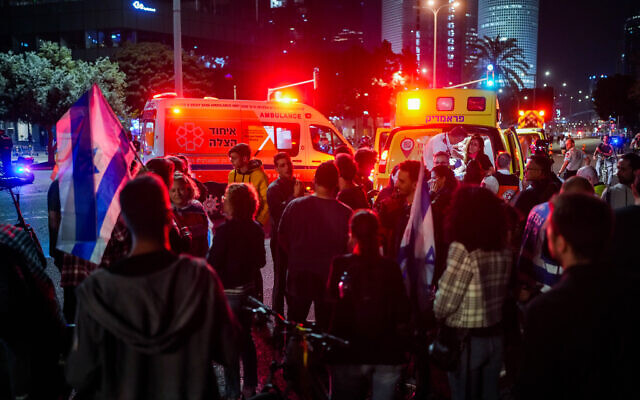 The scene where a driver ran over protesters during a demonstration calling for the release of Israeli hostages held in the Gaza Strip and against the current Israeli government in Tel Aviv, April 6, 2024. (Erik Marmor/Flash90)