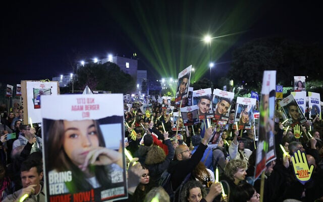 Tens of thousands of Israelis take part in a rally marking six month since the Hamas October 7 massacre, outside the Knesset in Jerusalem, April 7, 2024. (Yonatan Sindel/ Flash90)