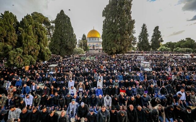 Muslims attend Eid prayers at the Al Aqsa Mosque, in Jerusalem's Old City, on April 10, 2024. (Jamal Awad/Flash90)