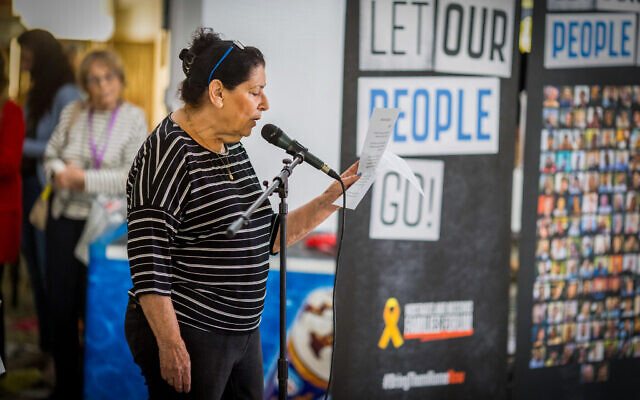 Osnat Peri, wife of hostage Chaim Peri, speaks at a pre-Passover event in the Kibbutz Nir Oz dining hall on April 11, 2024. (Liron Moldovan/Flash90) Osnat Peri, wife of hostage Chaim Peri, speaks at a pre-Passover event in the Kibbutz Nir Oz dining hall on April 11, 2024. (Liron Moldovan/Flash90)