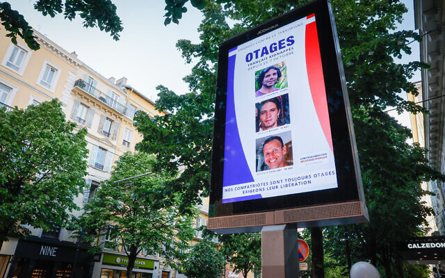 A posters of Israelis held hostage by Hamas terrorists is seen in the streets of Nice, France, April 24, 2024. (Nati Shohat/Flash90) A posters of Israelis held hostage by Hamas terrorists is seen in the streets of Nice, France, April 24, 2024. (Nati Shohat/Flash90)