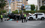 The car (left) of National Security Minister Itamar Ben Gvir following an accident in Ramle, April 26, 2024. (Jamal Awad/Flash90)
