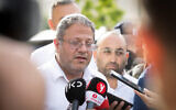 National Security Minister Itamar Ben Gvir at the scene of a terror attack in Ramle, April 26, 2024. (Jamal Awad/Flash90)