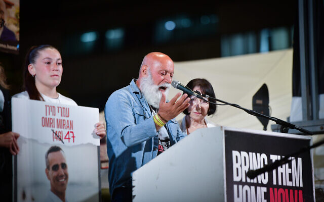 Dani Miran speaks at a rally in Tel Aviv's Hostages Square on April 27, 2024, soon after Hamas released a propaganda video of his son Omri, who was abducted on October 7 and is held by Hamas in Gaza. (Avshalom Sassoni/Flash90)