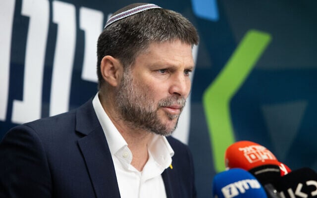 Finance Minister and Head of the Religious Zionism party Bezalel Smotrich leads a faction meeting at the Knesset, the Israeli parliament in Jerusalem, April 30, 2024. (Oren Ben Hakoon/Flash90) Finance Minister and Head of the Religious Zionism party Bezalel Smotrich leads a faction meeting at the Knesset, the Israeli parliament in Jerusalem, April 30, 2024. (Oren Ben Hakoon/Flash90)