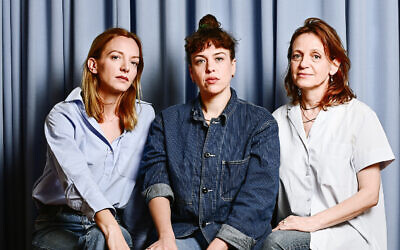 Artist Ruth Patir (middle) with curators Tamar Margalit (left) and Mira Lapidot (right), who locked the doors of Patir's exhibit at 60th Venice Biennale, due to open April 20, 2024 (Courtesy Ella Barak)