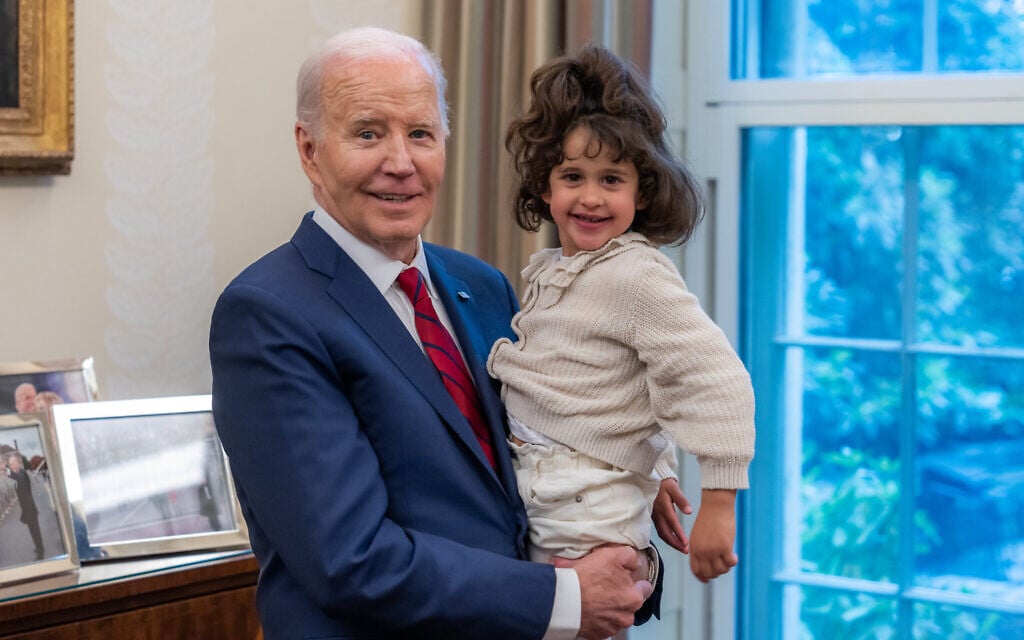 US President Joe Biden holds freed Hamas hostage Avigail Idan at the White House, Washington, DC, April 24, 2024. (White House photo)