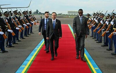 President Isaac Herzog arrives in Rwanda to attend ceremony marking 30 years since the Rwandan genocide, April 7, 2024. (Maayan Toaf/GPO)