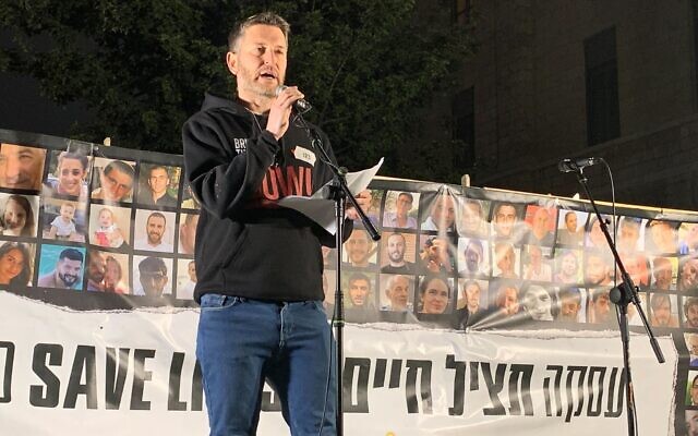 Former Labor party politician Yaya Fink speaks at hostage families' demonstration in Jerusalem on April 6, 2024. (Charlie Summers/Times of Israel)