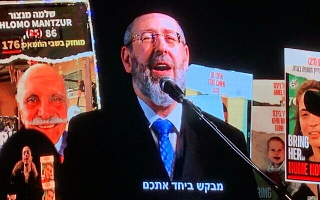 Ashkenazi Chief Rabbi David Lau speaks during Tel Aviv rally organized by the Hostages and Missing Families Forum, Tel Aviv, April 18, 2024. (Charlie Summers/Times of Israel) Ashkenazi Chief Rabbi David Lau speaks during Tel Aviv rally organized by the Hostages and Missing Families Forum, Tel Aviv, April 18, 2024. (Charlie Summers/Times of Israel)