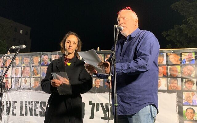 Eyal Eshel, the father of slain soldier Roni Eshel, speaks to weekly hostages' rally in Jerusalem on April 20, 2024. (Charlie Summers/Times of Israel) Eyal Eshel, the father of slain soldier Roni Eshel, speaks to weekly hostages' rally in Jerusalem on April 20, 2024. (Charlie Summers/Times of Israel)