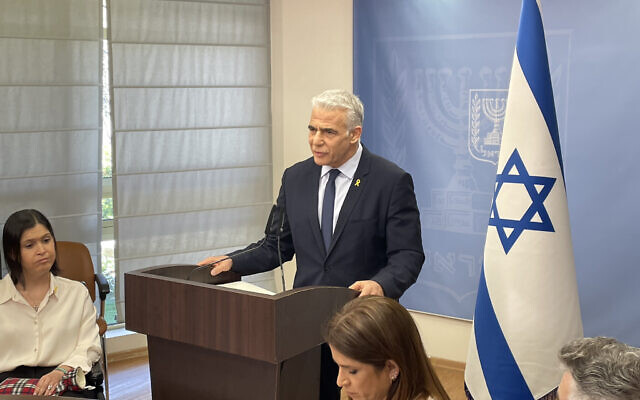 Opposition Leader Yair Lapid addresses his Yesh Atid party's weekly faction meeting in the Knesset, April 1, 2024. (Sam Sokol/Times of Israel) Opposition Leader Yair Lapid addresses his Yesh Atid party's weekly faction meeting in the Knesset, April 1, 2024. (Sam Sokol/Times of Israel)