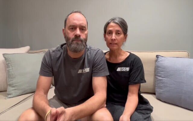 Rachel Goldberg-Polin and Jon Polin, parents of hostage Hersh Goldberg-Polin, issue a video statement pleading for a hostage deal and urging him to stay strong and survive, April 24, 2024. (Courtesy)
