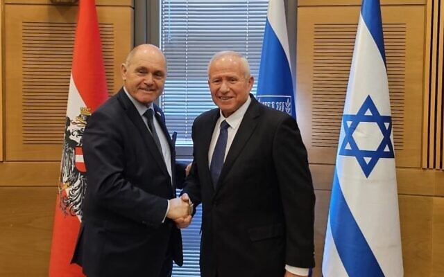Agriculture Minister Avi Dichter (R) meets with Austrian President of the National Council Wolfgang Sobotka in the Knesset, Jerusalem, April 3, 2024 (Office of Agriculture Minister Avi Dichter) Agriculture Minister Avi Dichter (R) meets with Austrian President of the National Council Wolfgang Sobotka in the Knesset, Jerusalem, April 3, 2024 (Office of Agriculture Minister Avi Dichter)