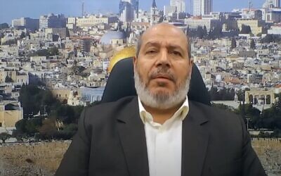 Khalil al-Hayya, a senior Hamas official, speaks during an interview in November 2023 (video screenshot; used in accordance with Clause 27a of the Copyright Law)