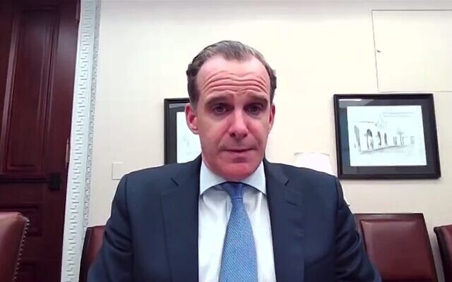 White House Mideast czar Brett McGurk holds a virtual briefing with American Jewish community leaders on April 19, 2024. (Screen capture/Zoom) White House Mideast czar Brett McGurk holds a virtual briefing with American Jewish community leaders on April 19, 2024. (Screen capture/Zoom)