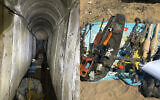 A handout image released on April 7, 2024, shows a 900-meter-long tunnel uncovered by the IDF in the al-Amal neighborhood of Khan Younis, along with weapons discovered inside. (Israel Defense Forces)