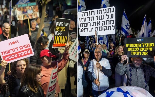 Left: Protesters in Tel Aviv call for the government to agree to a hostage deal on April 11, 2024. (Erik Marmor/Flash90) Right: Protesters in Jerusalem call for the government to begin operating in the southernmost Gaza city of Rafah, April 11, 2024. (Yonatan Sindel/Flash90) Left: Protesters in Tel Aviv call for the government to agree to a hostage deal on April 11, 2024. (Erik Marmor/Flash90) Right: Protesters in Jerusalem call for the government to begin operating in the southernmost Gaza city of Rafah, April 11, 2024. (Yonatan Sindel/Flash90)