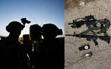 Right: Weapons the military says were seized from two Palestinian gunmen who opened fire at a West Bank checkpoint, April 27, 2024; Left: IDF troops operate in the West Bank, in a handout image published April 26, 2024. (Israel Defense Forces)