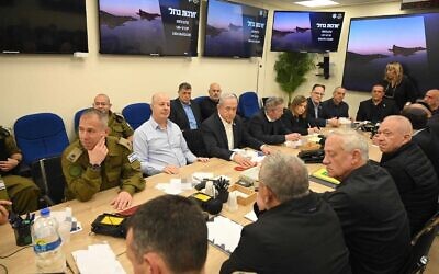 File - Prime Minister Benjamin Netanyahu convenes a meeting of the war cabinet in Tel Aviv, early morning on April 14, 2024. (Courtesy)