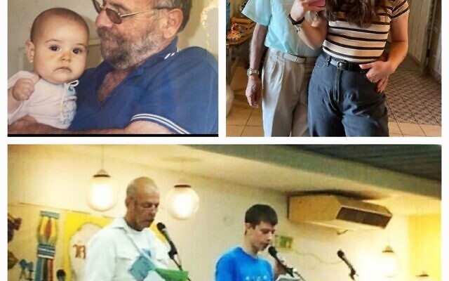 Talya Dancyg as a baby with her grandfather, hostage Alex Dancyg (upper left), Noam Safir with her grandfather, hostage Shlomo Mantzur (upper right) and hostage Chaim Peri and his grandson, May Albini, bottom (Courtesy) Talya Dancyg as a baby with her grandfather, hostage Alex Dancyg (upper left), Noam Safir with her grandfather, hostage Shlomo Mantzur (upper right) and hostage Chaim Peri and his grandson, May Albini, bottom (Courtesy)