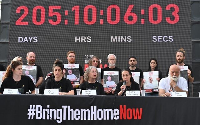 Following the release of a Hamas propagnda video last week showing hostages Keith Siegel and Omri Miran, the two families hold a press conference at Hostages Square in Tel Aviv on April 29, 2024, calling on all governments involved to work to finalize a deal to release all the hostages. (Paulina Patimer/via Hostages Families Forum)