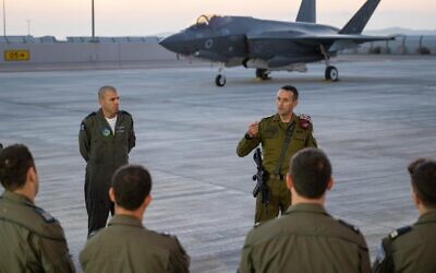 IDF Chief of Staff Lt. Gen. Herzi Halevi speaks to troops with Brig. Gen. Yotam Sigler at the Nevatim Airbase in southern Israel, April 15, 2024. (Israel Defense Forces) IDF Chief of Staff Lt. Gen. Herzi Halevi speaks to troops with Brig. Gen. Yotam Sigler at the Nevatim Airbase in southern Israel, April 15, 2024. (Israel Defense Forces)
