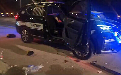 The scene of a car ramming attack in Kochav Yair, early on April 3, 2024 (video screenshot; used in accordance with Clause 27a of the Copyright Law)